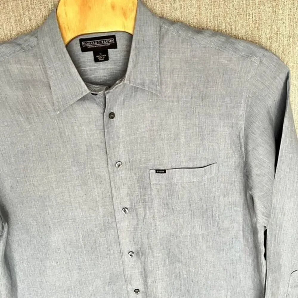 Donald J Trump Signature Collection Shirt L Blue Linen‎ Button Up Long Sleeve